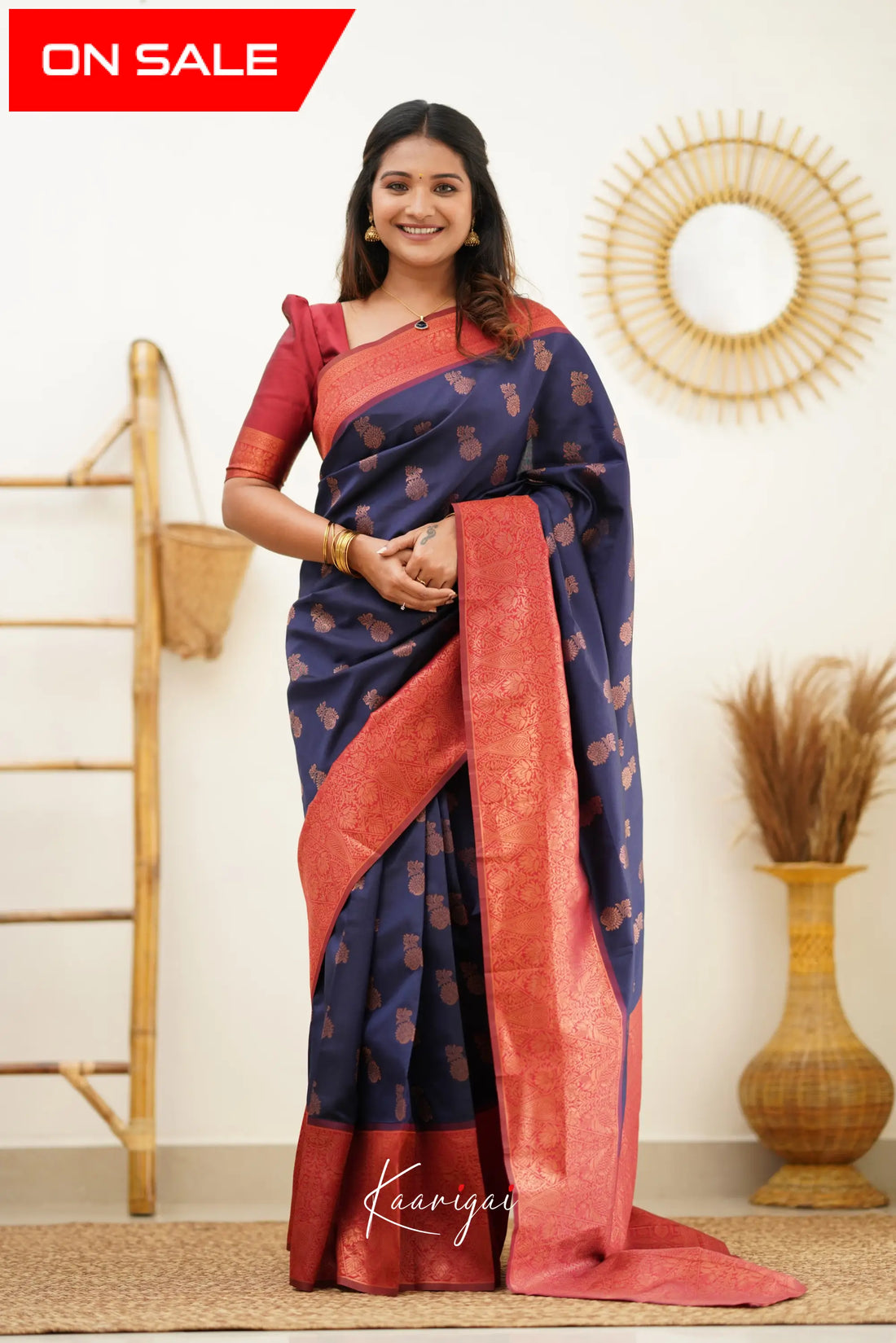 Sita - Navy Blue And Red Semi Silk Saree Sarees