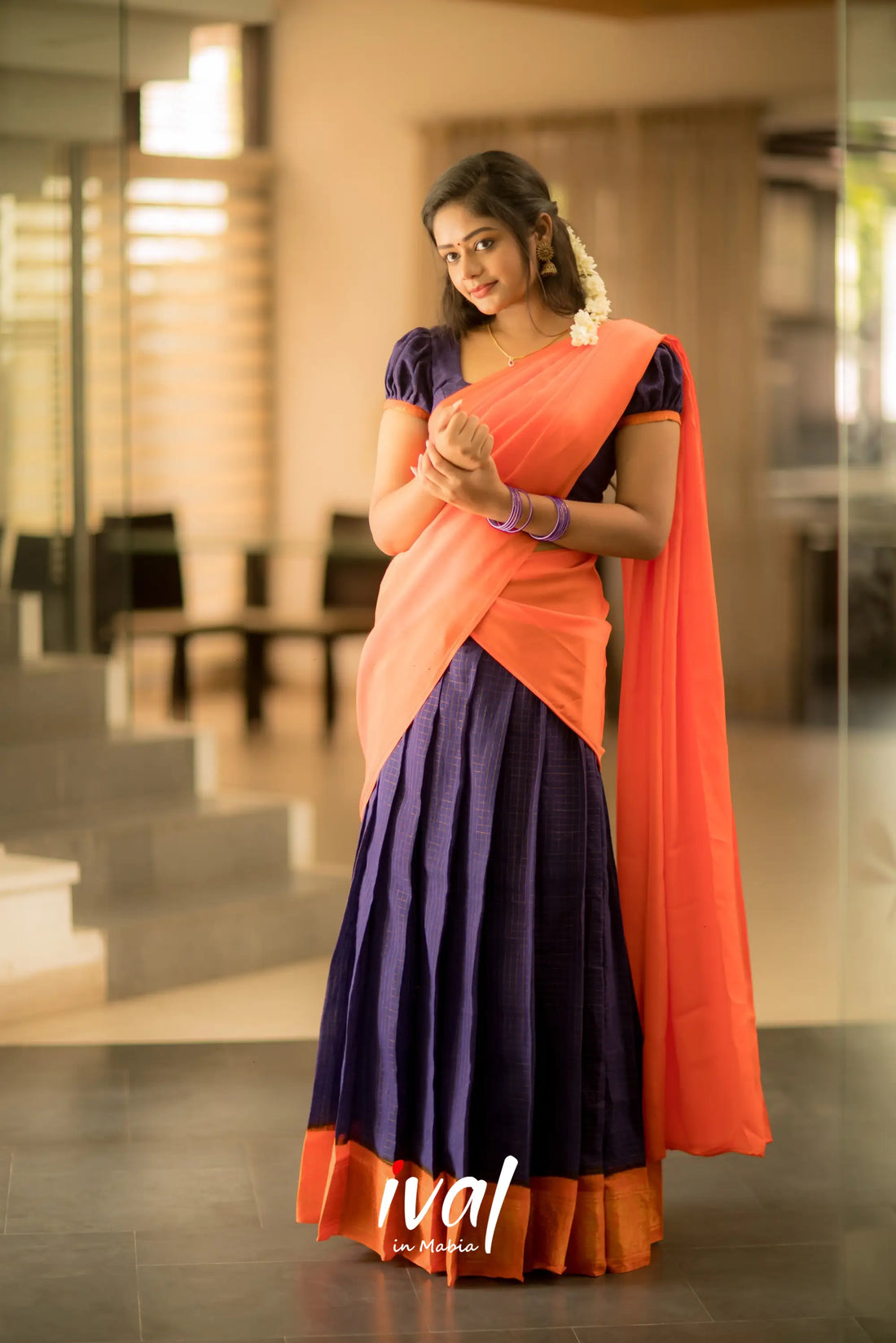 Sitara - Dark Blue And Orange Cotton Half Saree Sarees