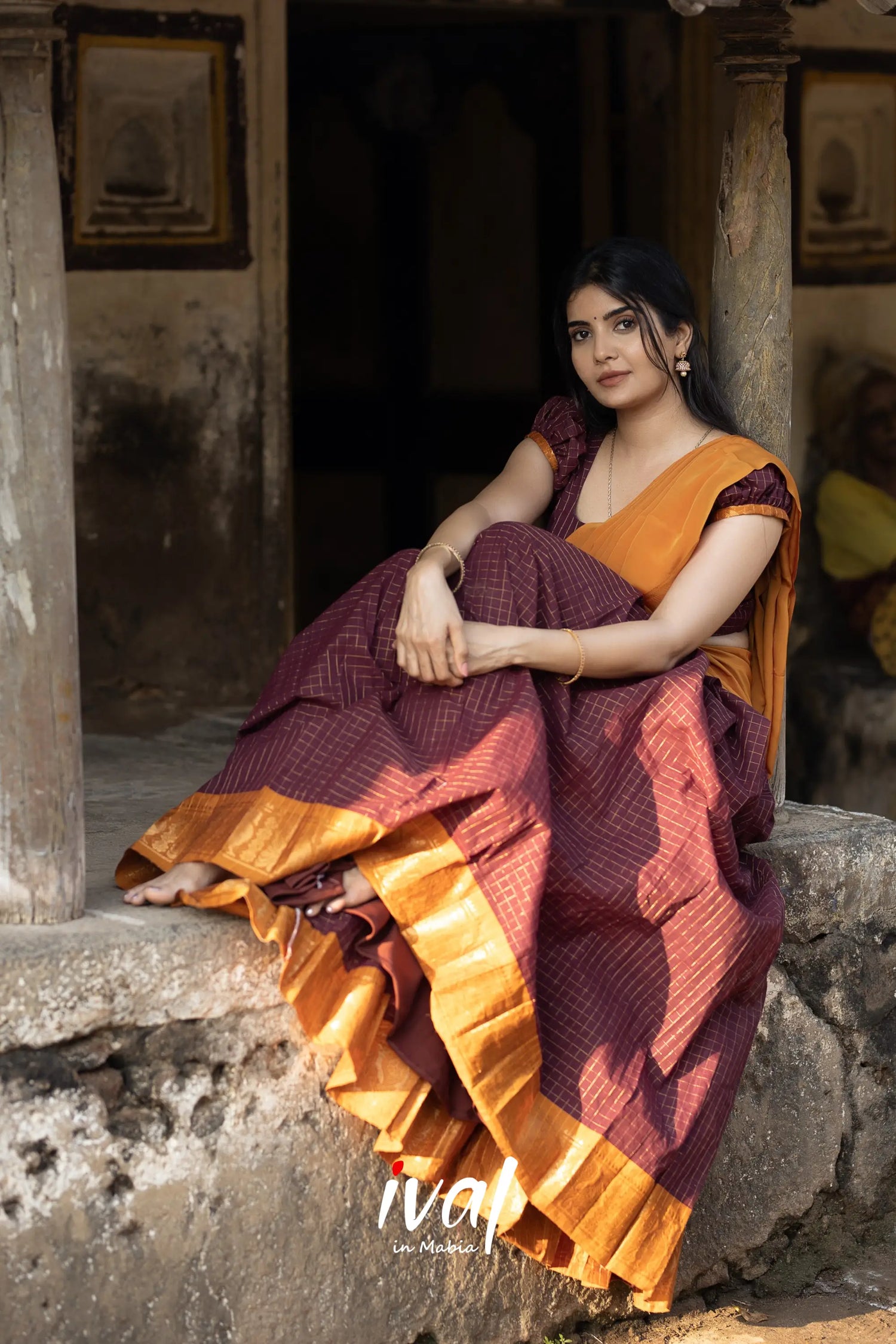 Sitara - Maroon And Mustard Yellow Cotton Half Saree Sarees