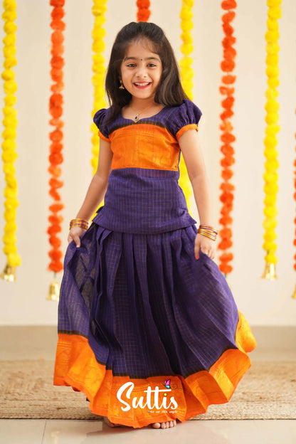 Sitara - Purple And Yellow Handloom Cotton Pavadai Sattai Kids-Suttis