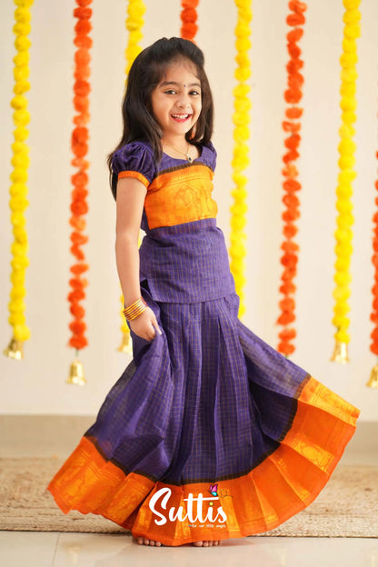 Sitara - Purple And Yellow Handloom Cotton Pavadai Sattai Kids-Suttis