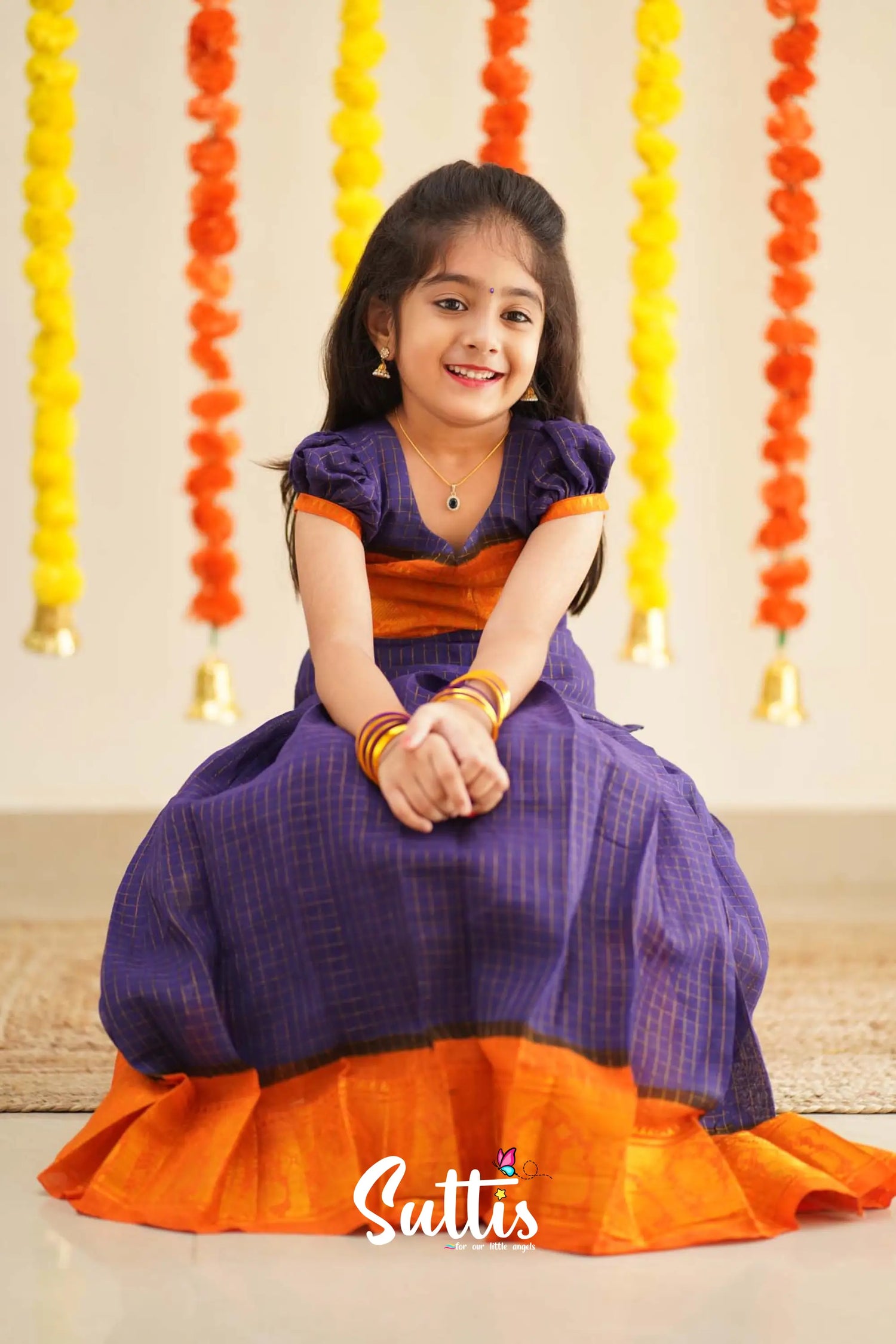 Sitara - Purple And Yellow Handloom Cotton Pavadai Sattai Kids-Suttis