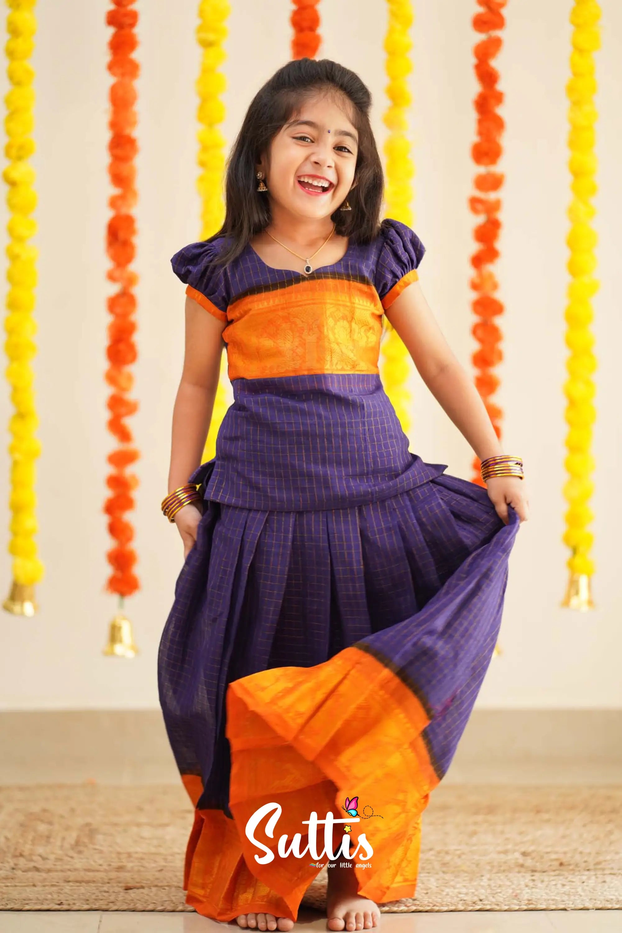 Sitara - Purple And Yellow Handloom Cotton Pavadai Sattai Kids-Suttis