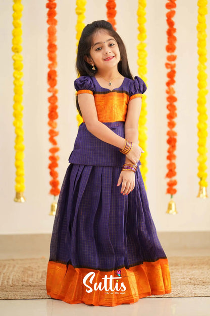 Sitara - Purple And Yellow Handloom Cotton Pavadai Sattai Kids-Suttis