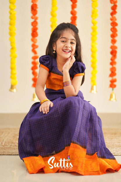 Sitara - Purple And Yellow Handloom Cotton Pavadai Sattai Kids-Suttis