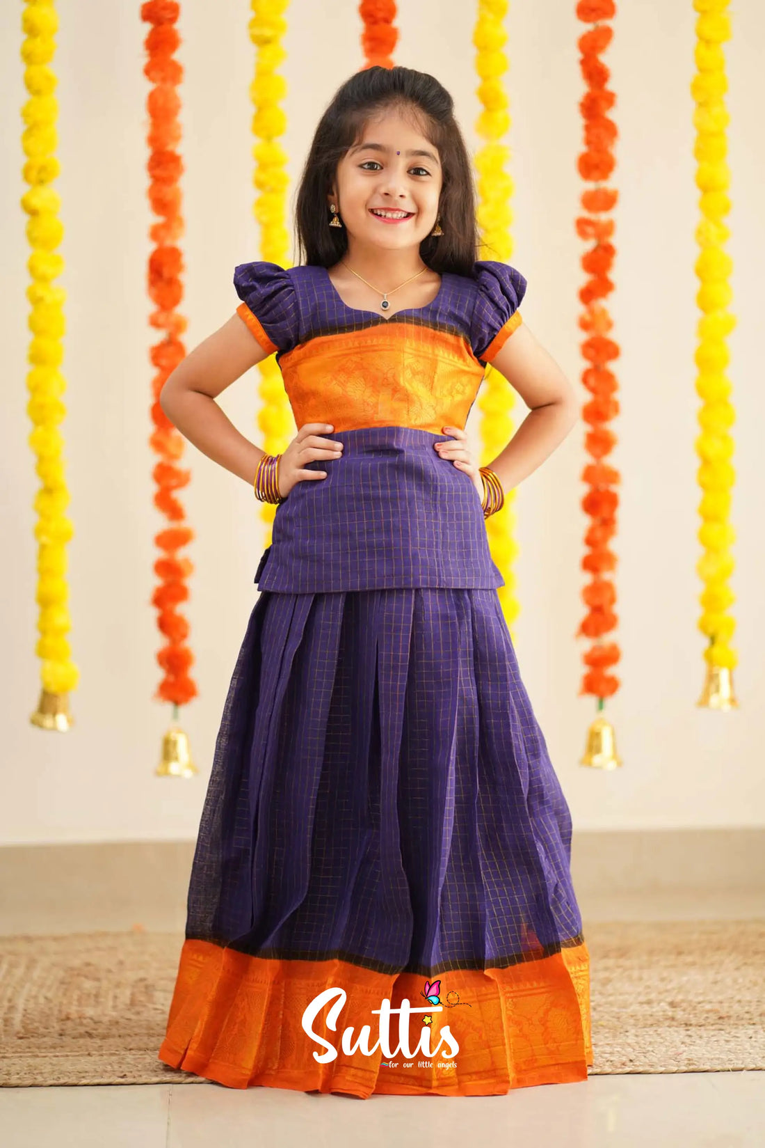Sitara - Purple And Yellow Handloom Cotton Pavadai Sattai Kids-Suttis