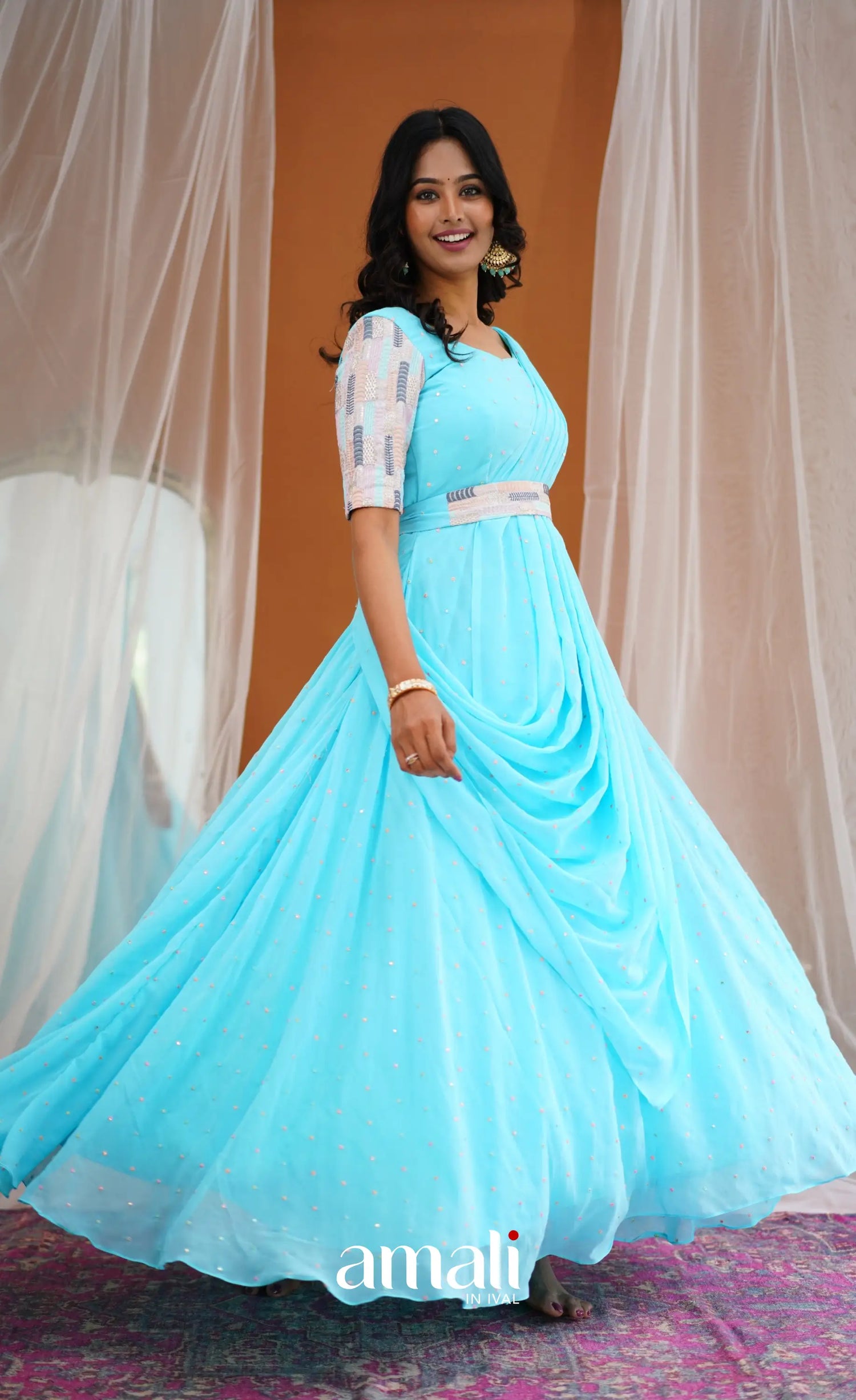 Georgette Gown Sky Blue Ladies Dress Shop Sky Blue Embroidered Georgette Dress With Sharara And Cut Georgette Gown Sky Blue Ladies Dress Shop Sky Blue Embroidered Georgette Dress With Sharara And Cut