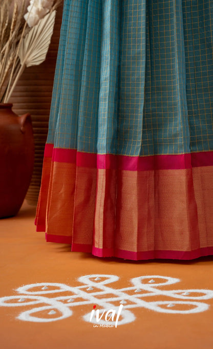 Sky Blue with Bright Pink Semi-Stitched Blended Silk Cotton Halfsaree Half Sarees