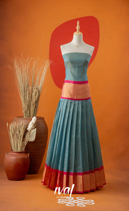 Sky Blue with Bright Pink Semi-Stitched Blended Silk Cotton Halfsaree Half Sarees