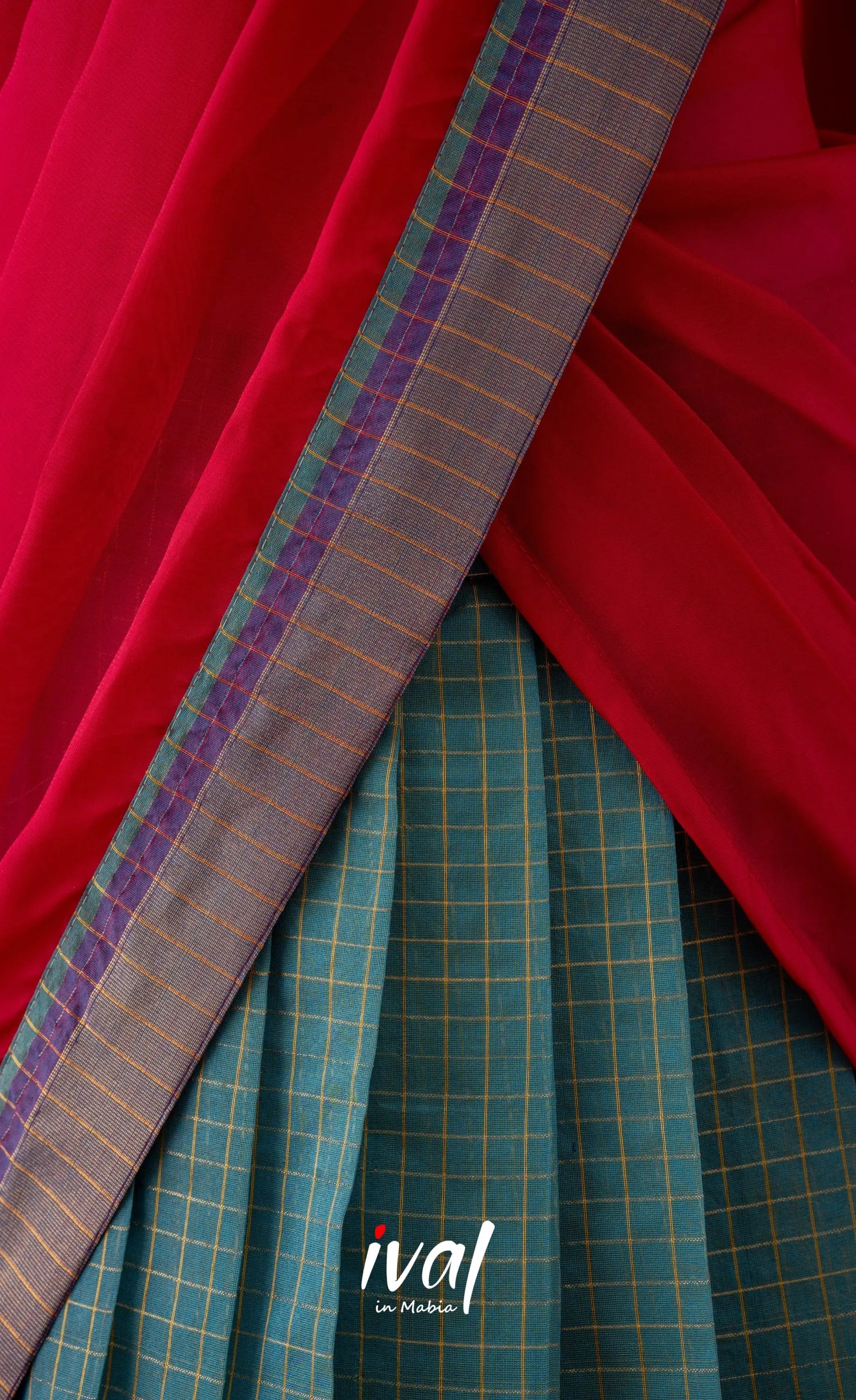 Sky Blue with Bright Pink Semi-Stitched Blended Silk Cotton Halfsaree Half Sarees