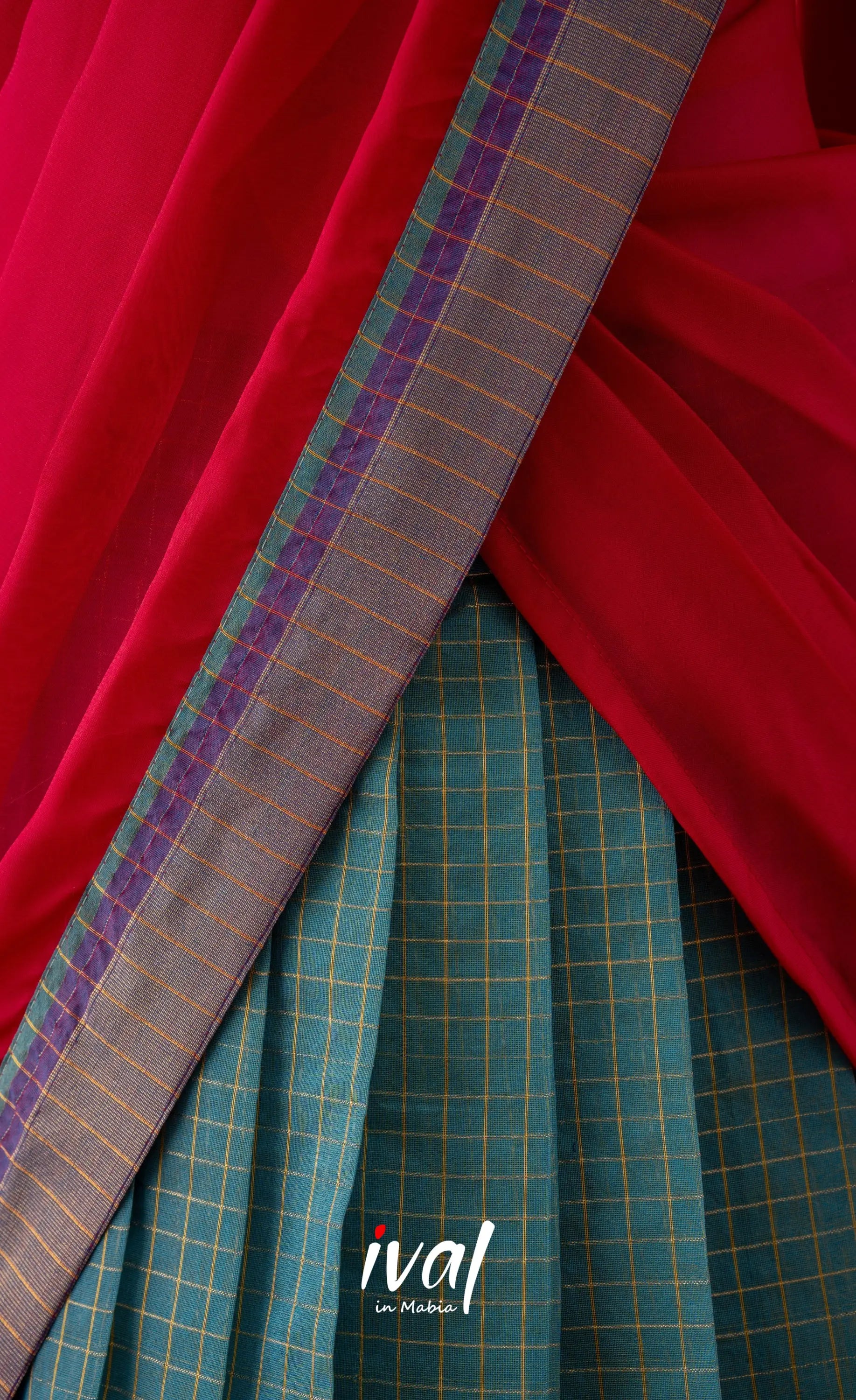 Sky Blue with Bright Pink Semi-Stitched Blended Silk Cotton Halfsaree Half Sarees