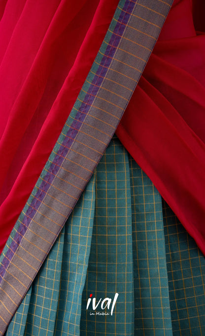Sky Blue with Bright Pink Semi-Stitched Blended Silk Cotton Halfsaree Half Sarees