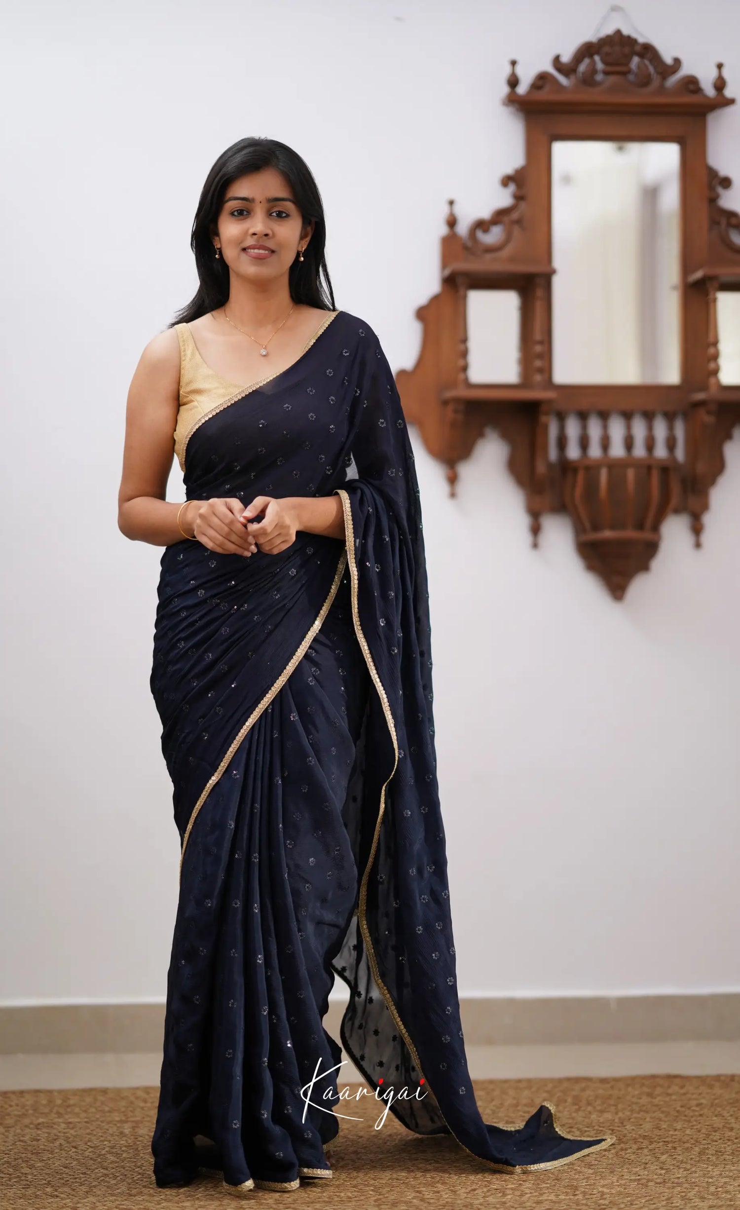 Tara- Navy Blue Chinnon Saree Sarees