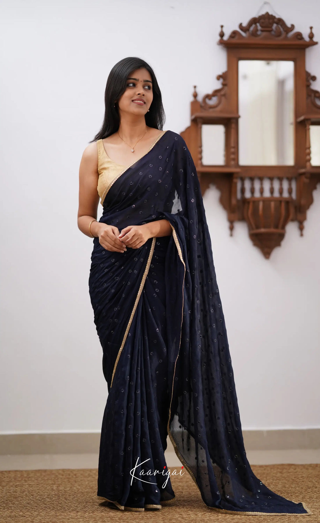 Tara- Navy Blue Chinnon Saree Sarees