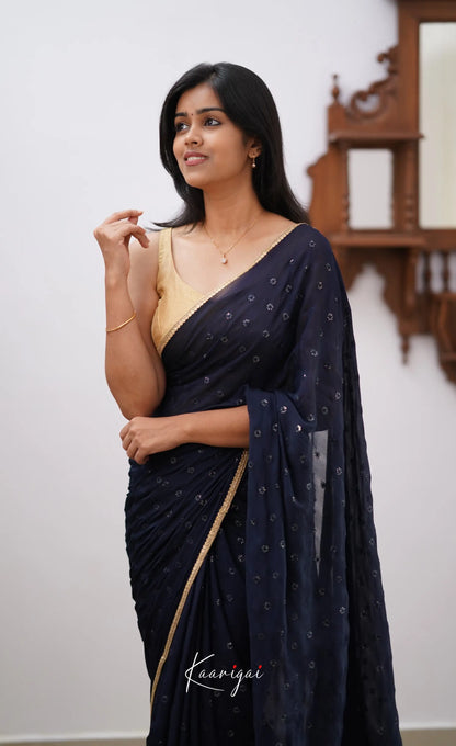 Tara- Navy Blue Chinnon Saree Sarees