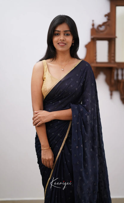 Tara- Navy Blue Chinnon Saree Sarees