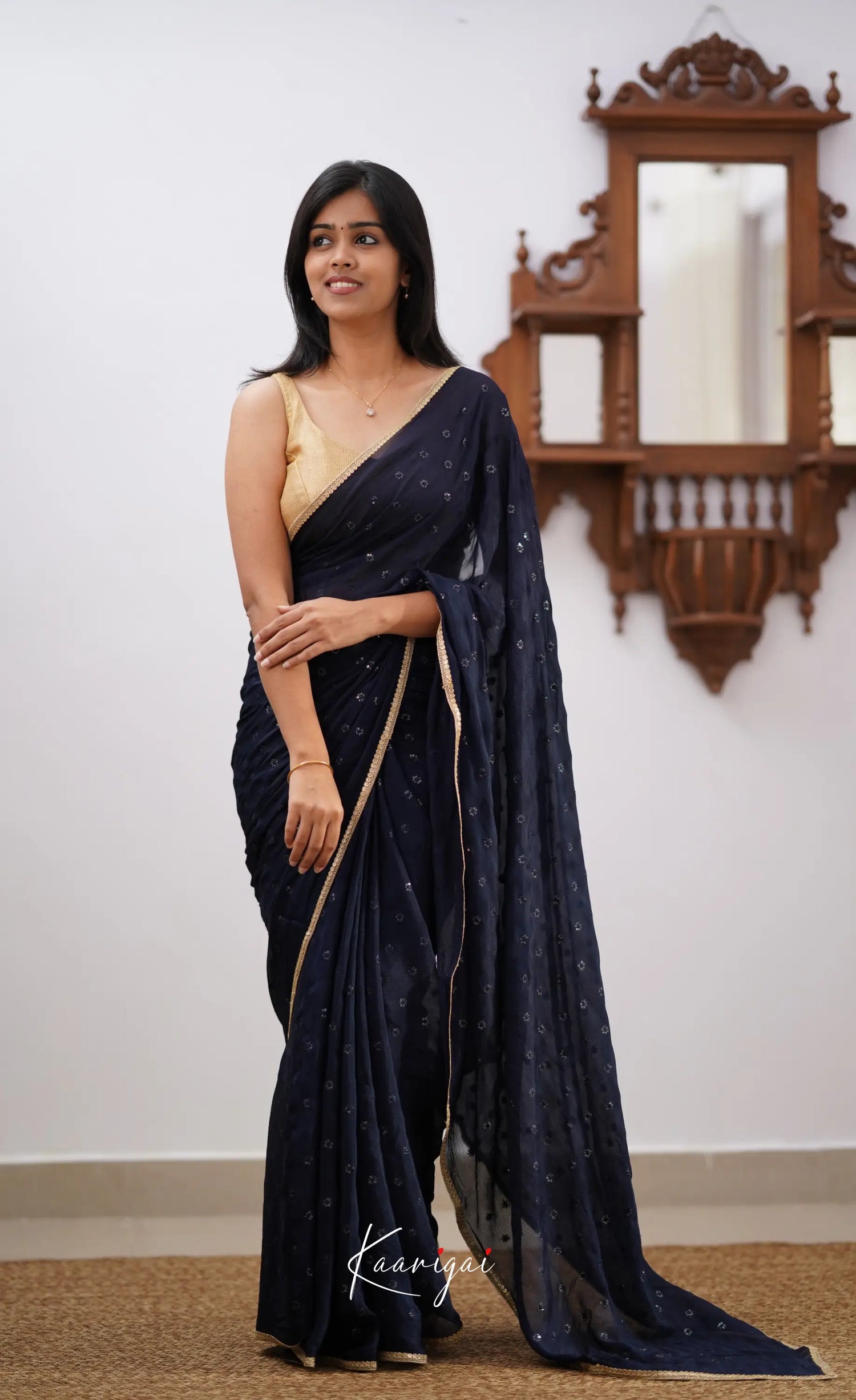 Tara- Navy Blue Chinnon Saree Sarees