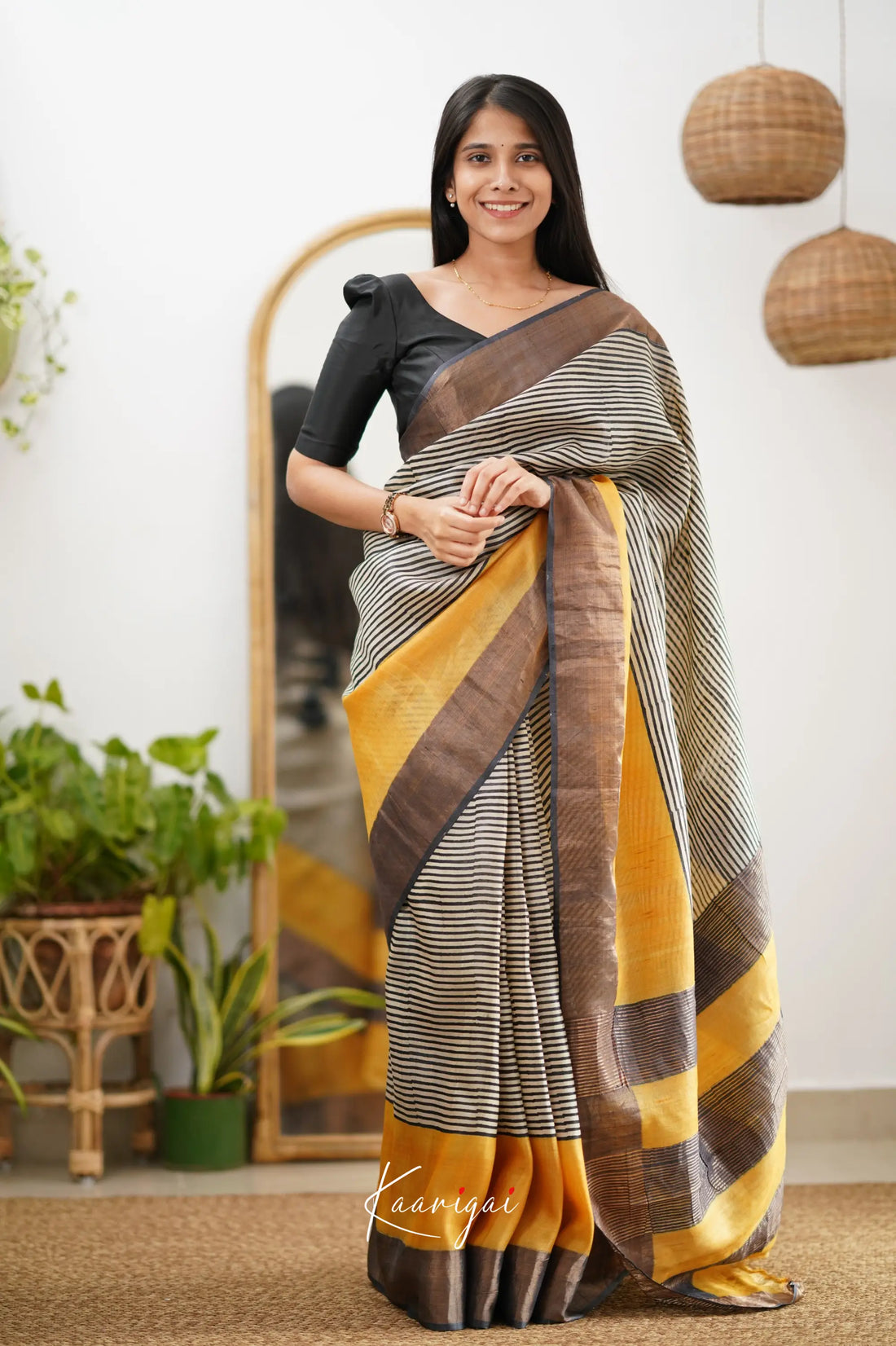 Tarika Yellow Shade And Black Tone Pure Tussar Saree Sarees