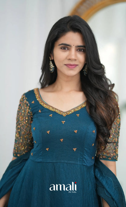 Teal Blue Aari Handworked Anarkali Anarkalis