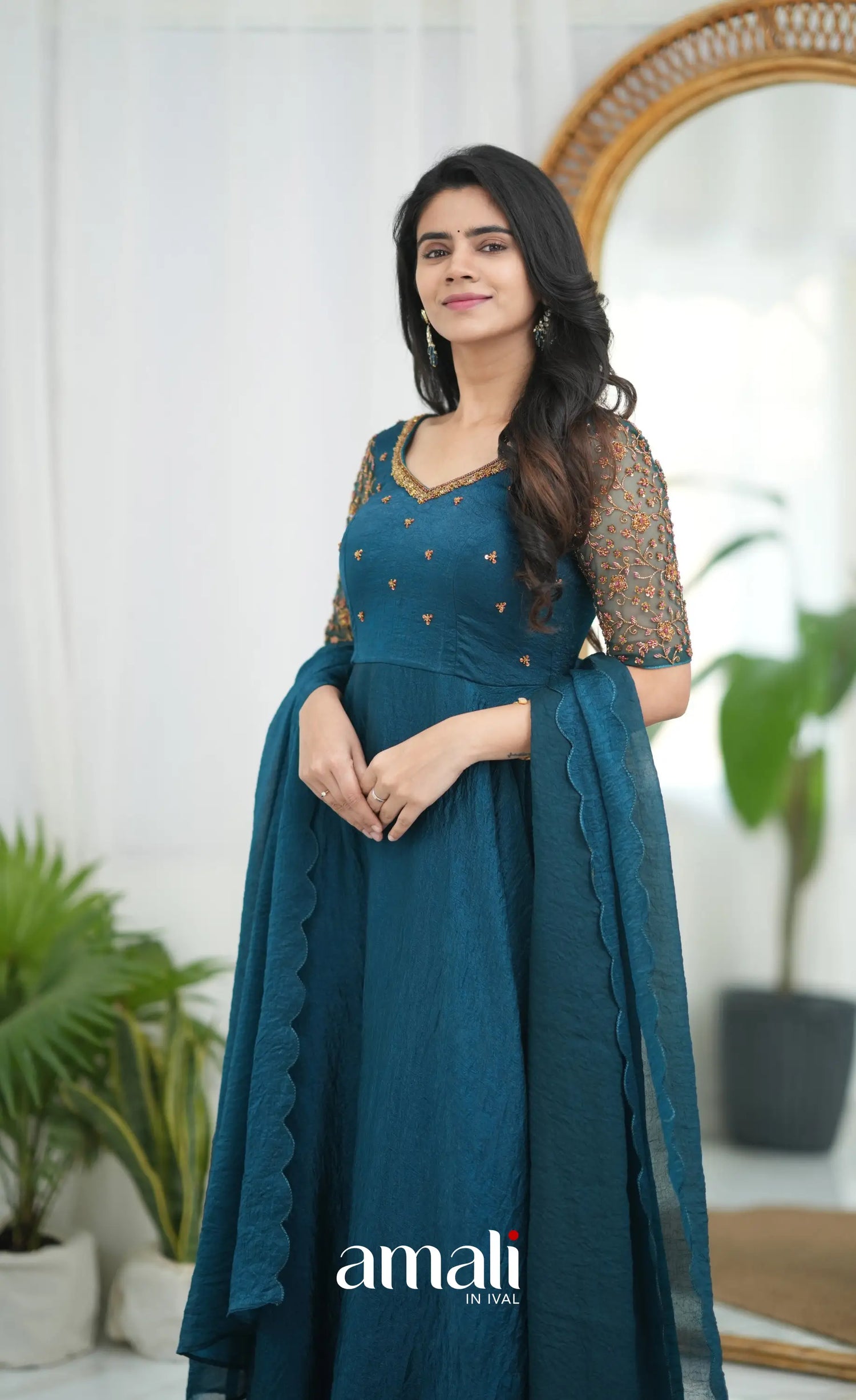 Teal Blue Aari Handworked Anarkali Anarkalis