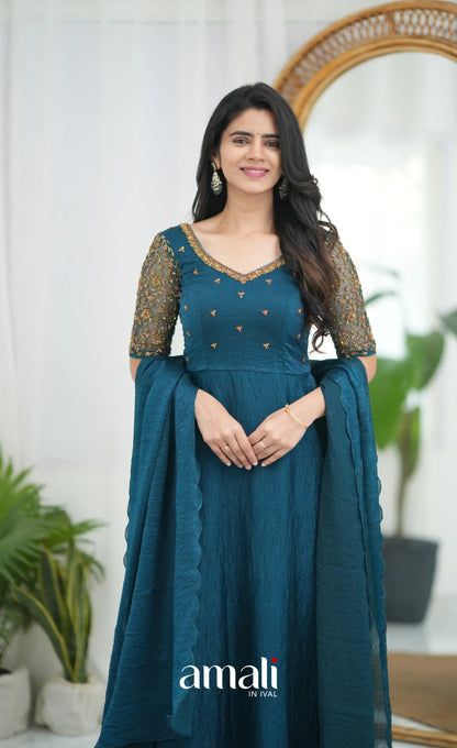 Teal Blue Aari Handworked Anarkali Anarkalis
