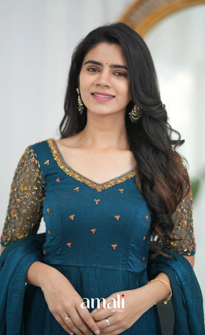 Teal Blue Aari Handworked Anarkali Anarkalis