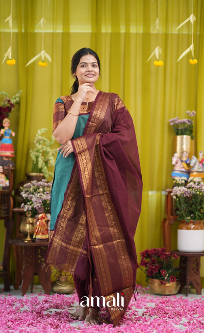 Teal blue and Brown Chettinad Cotton Salwar Set - salwar
