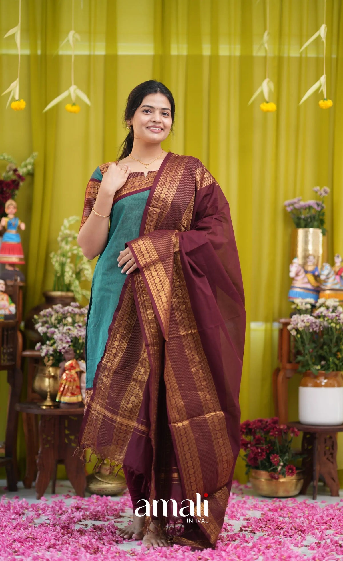 Teal blue and Brown Chettinad Cotton Salwar Set - salwar