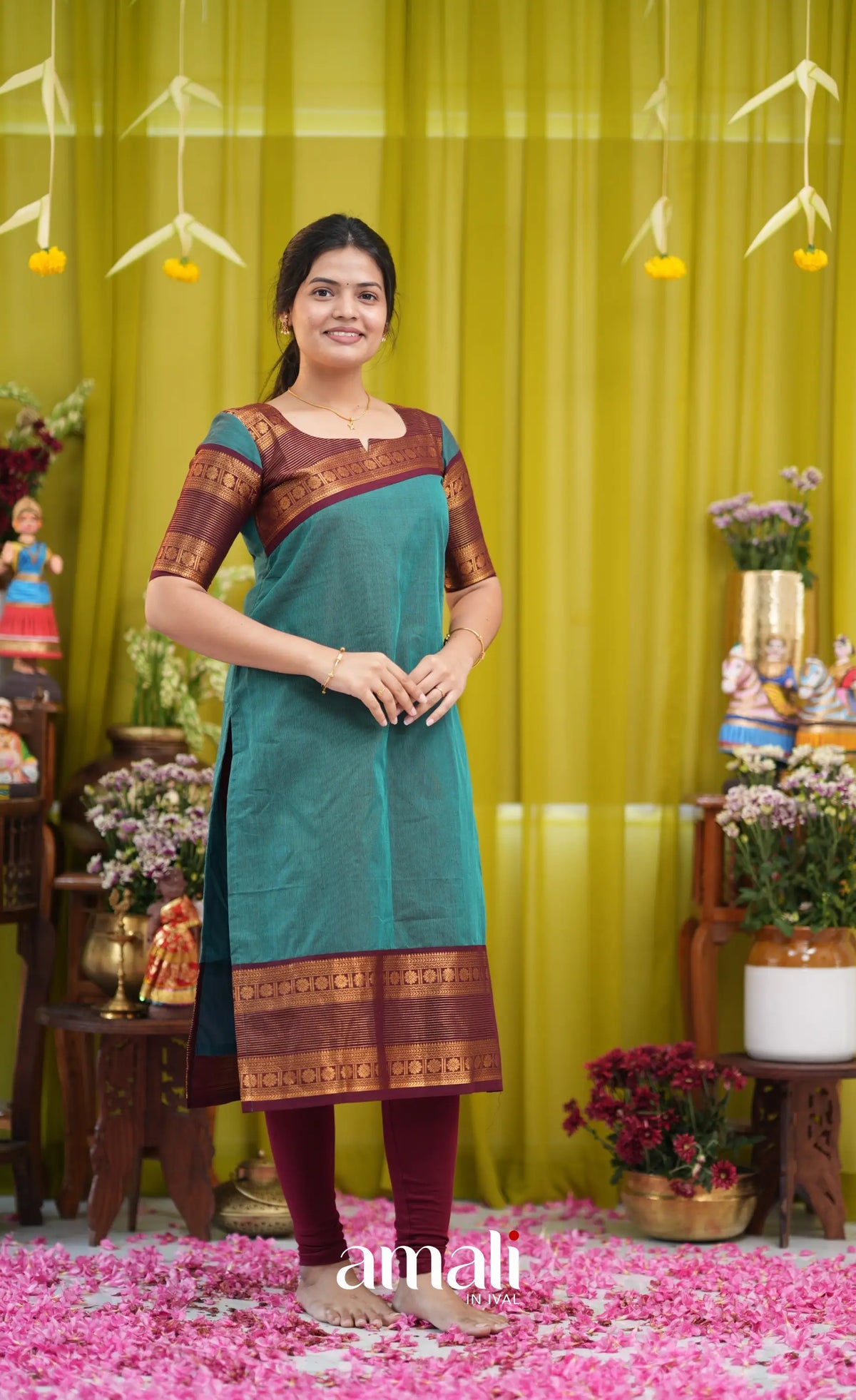 Teal blue and Brown Chettinad Cotton Salwar Set - salwar