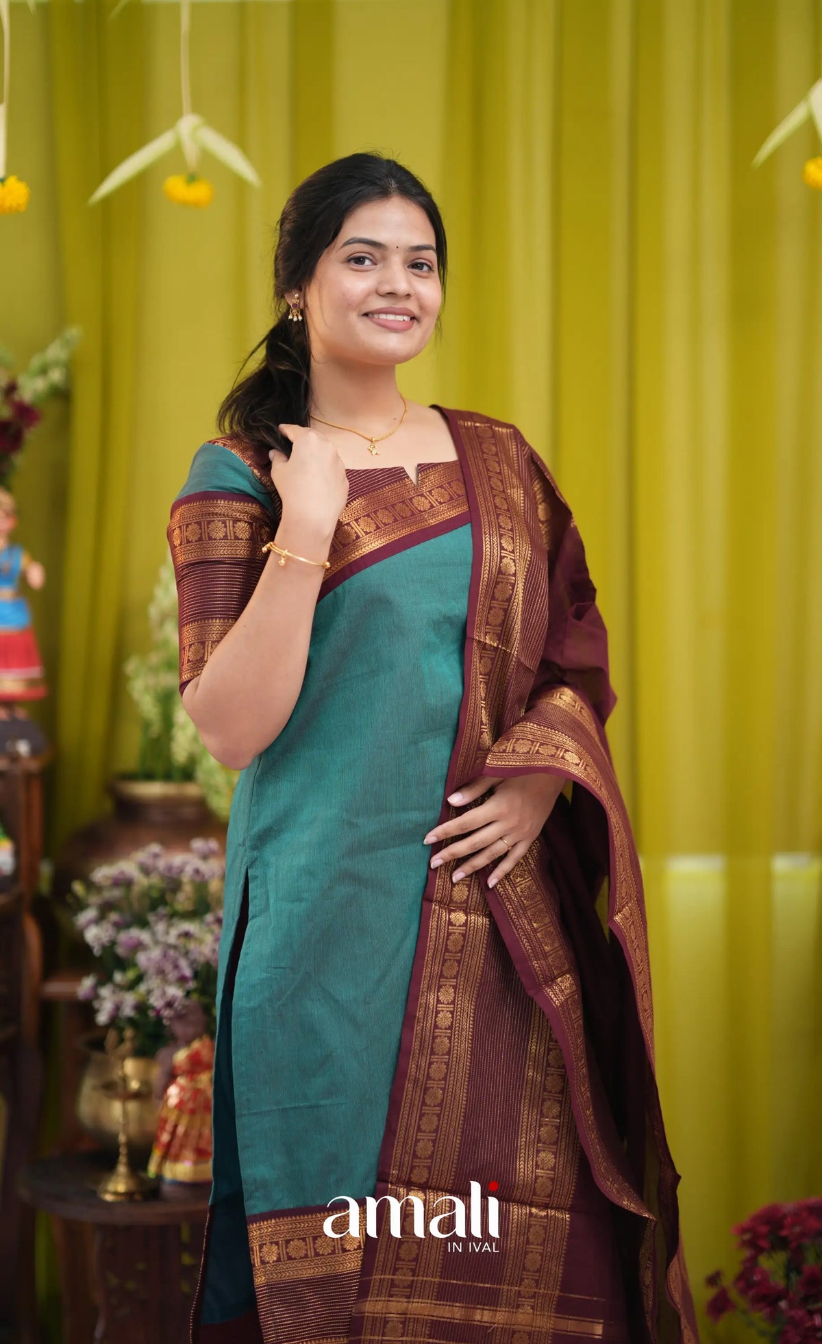 Teal blue and Brown Chettinad Cotton Salwar Set - salwar