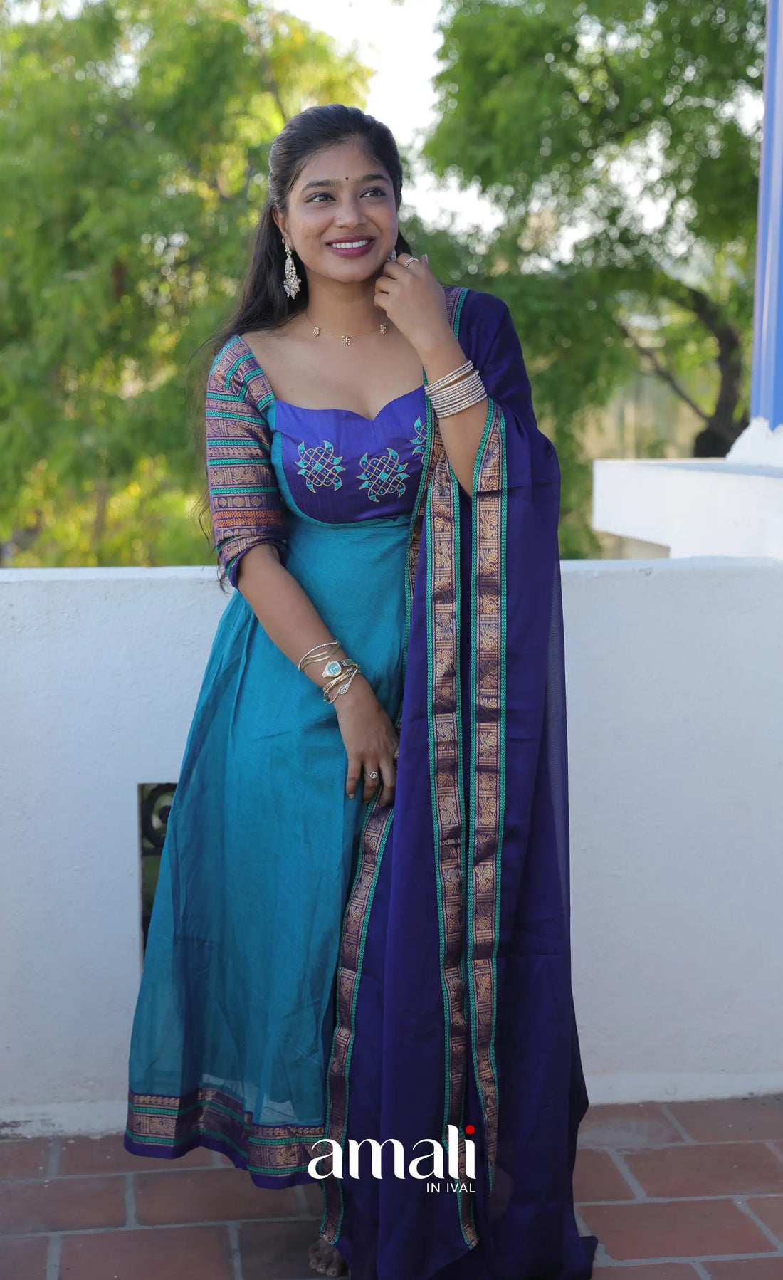 Teal Blue and Dark Blue Kolam Cotton Anarkali - Anarkalis