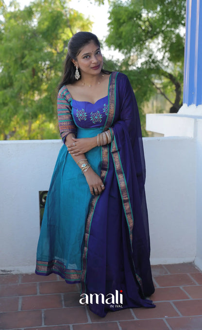 Teal Blue and Dark Blue Kolam Cotton Anarkali - Anarkalis