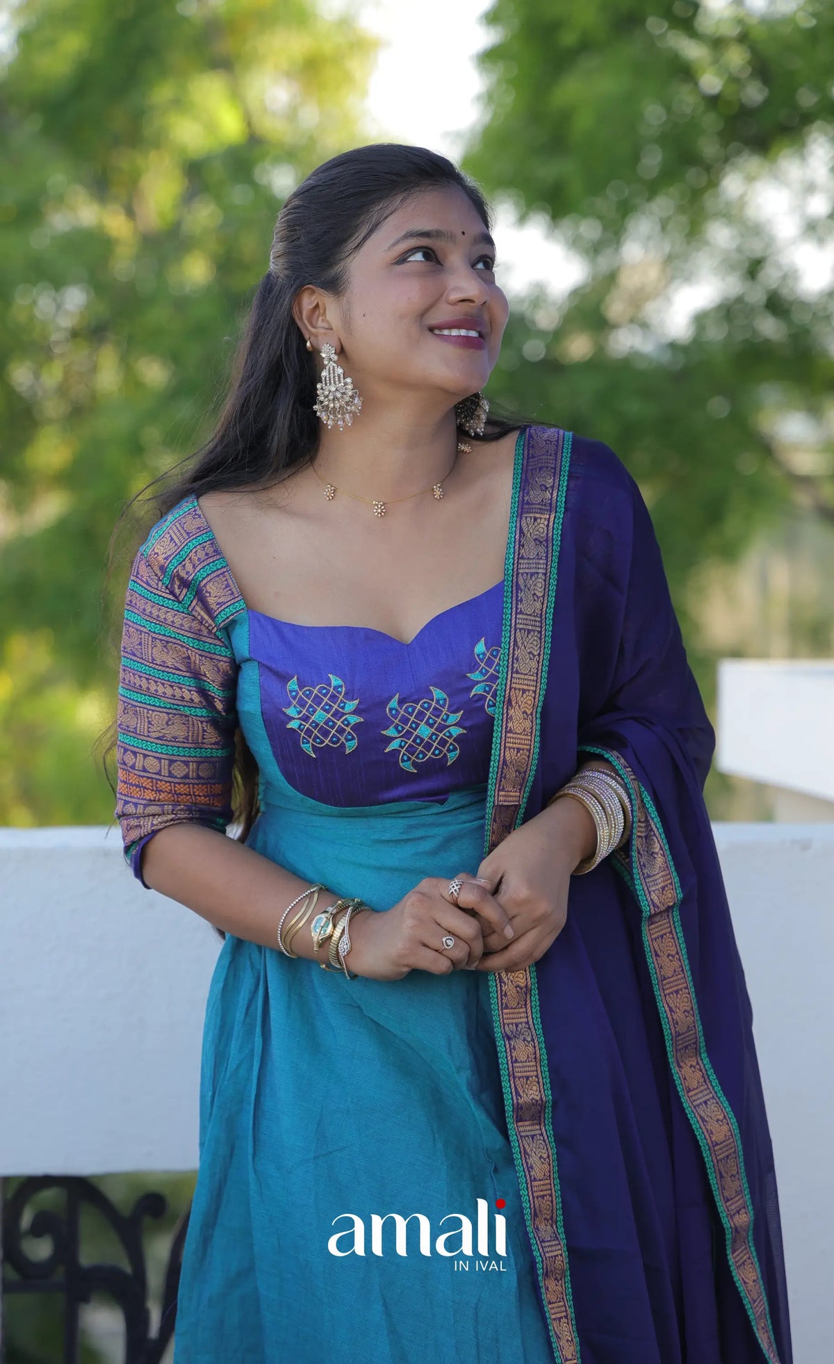 Teal Blue and Dark Blue Kolam Cotton Anarkali - Anarkalis