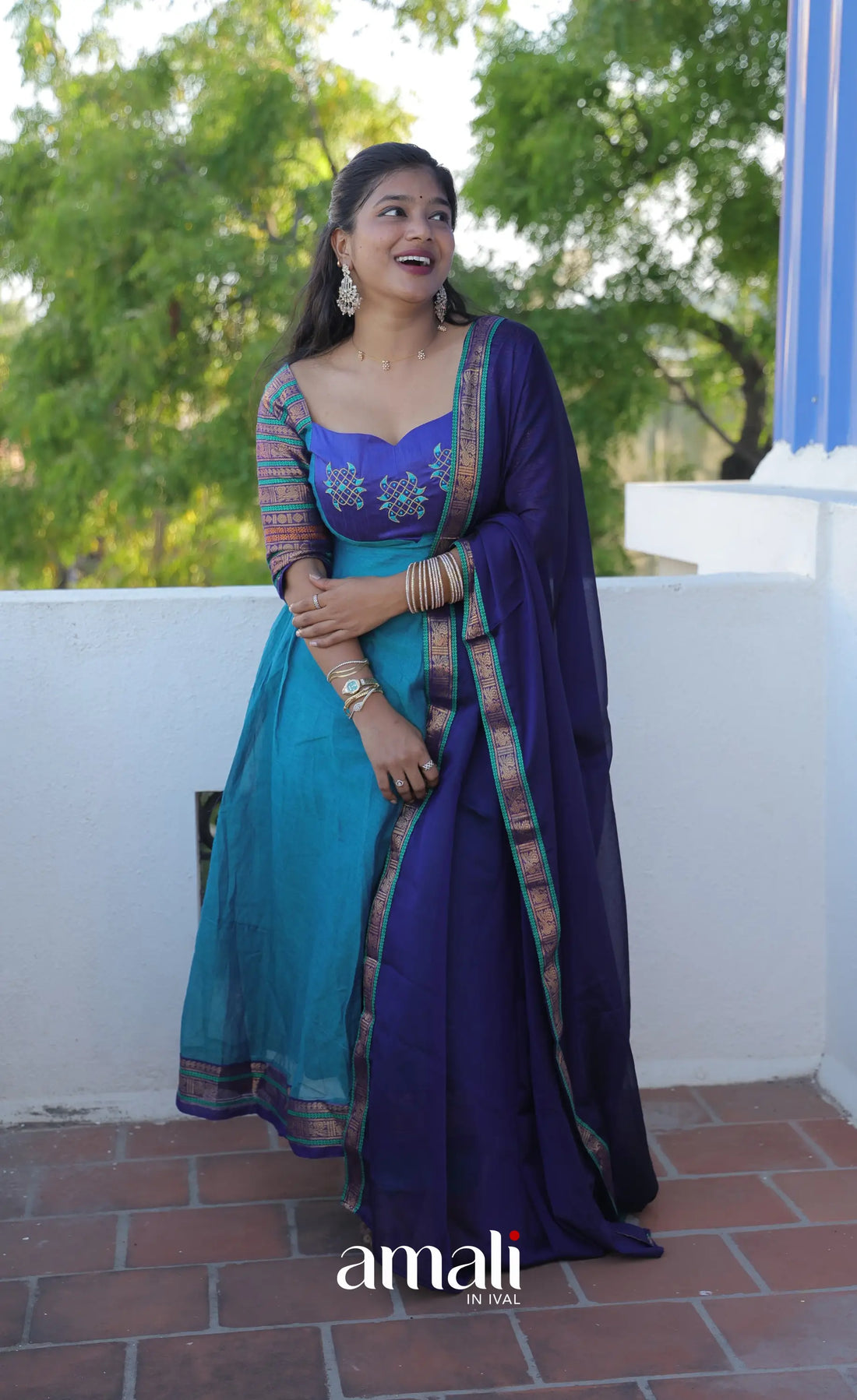 Teal Blue and Dark Blue Kolam Cotton Anarkali - Anarkalis