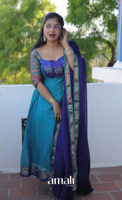 Teal Blue and Dark Blue Kolam Cotton Anarkali - Anarkalis