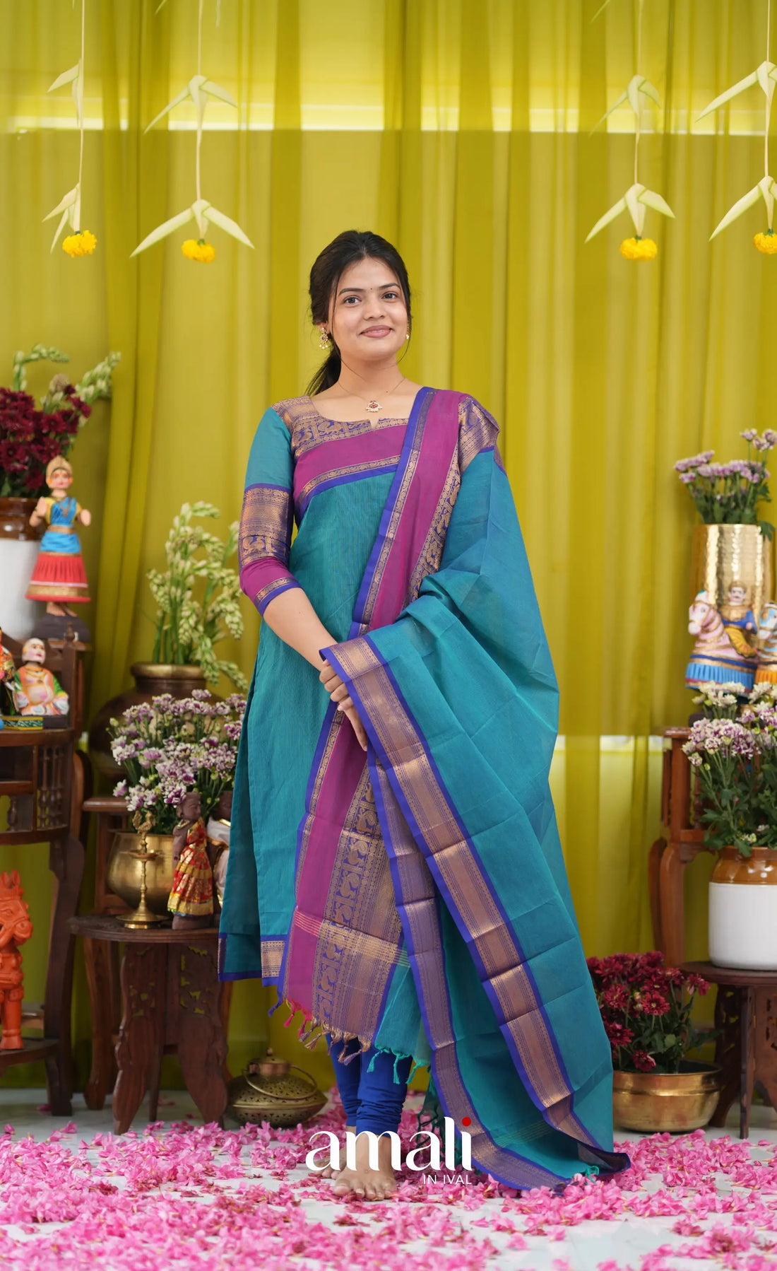 Teal blue and Dark pink Chettinad Cotton Salwar Set - salwar