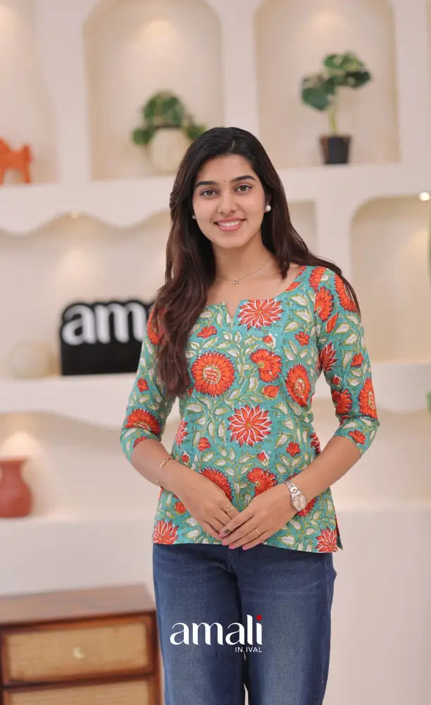 Teal blue and Orange Jaipur Hand Block-Printed Short Top - salwar