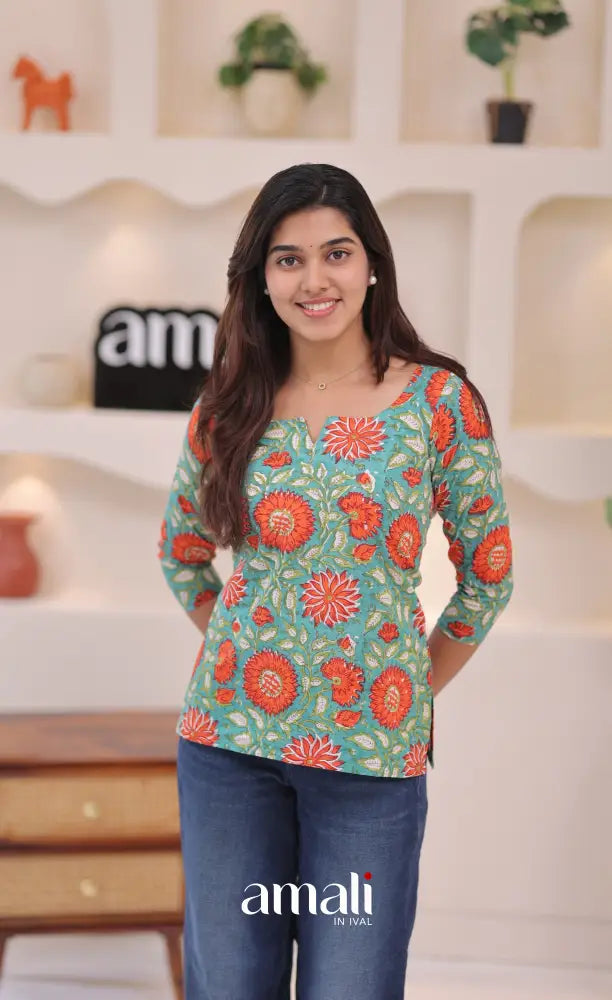 Teal blue and Orange Jaipur Hand Block-Printed Short Top - salwar