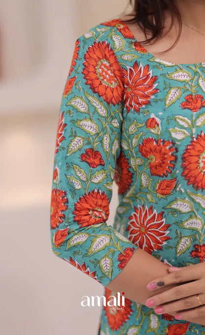 Teal blue and Orange Jaipur Hand Block-Printed Short Top - salwar