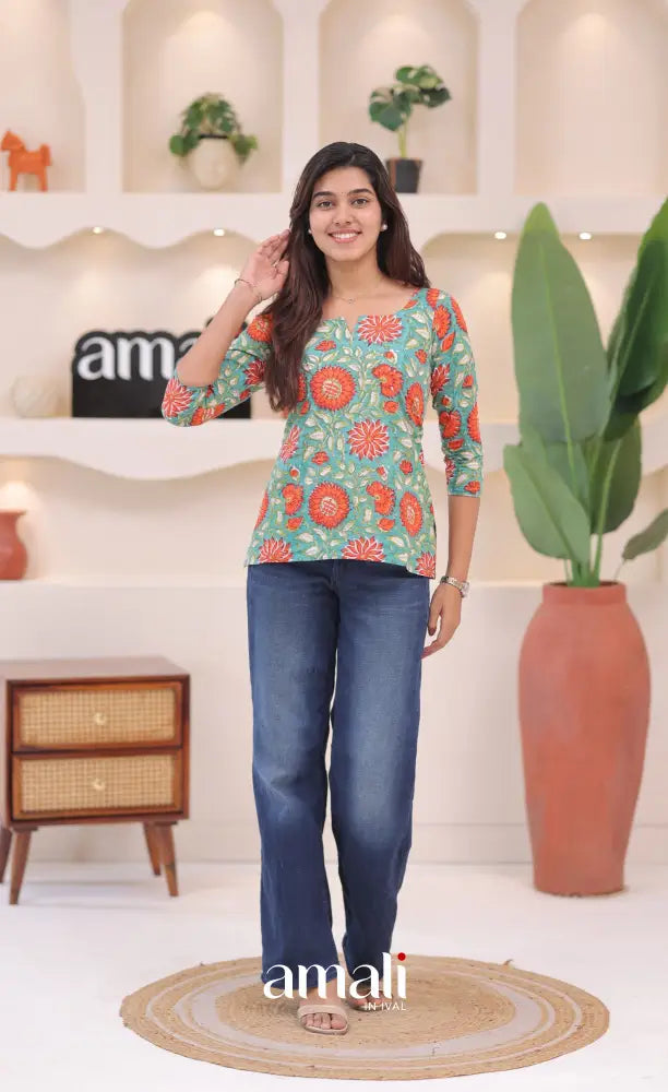 Teal blue and Orange Jaipur Hand Block-Printed Short Top - salwar