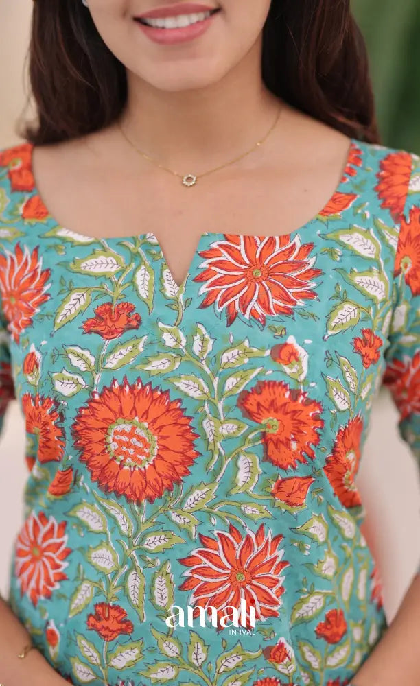 Teal blue and Orange Jaipur Hand Block-Printed Short Top - salwar