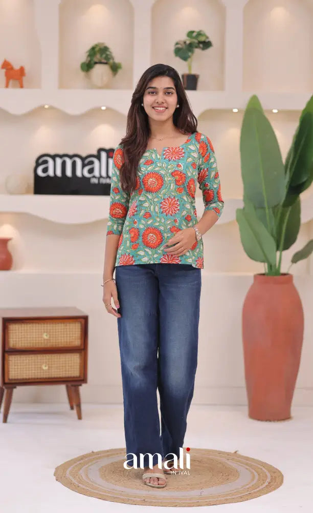 Teal blue and Orange Jaipur Hand Block-Printed Short Top - salwar