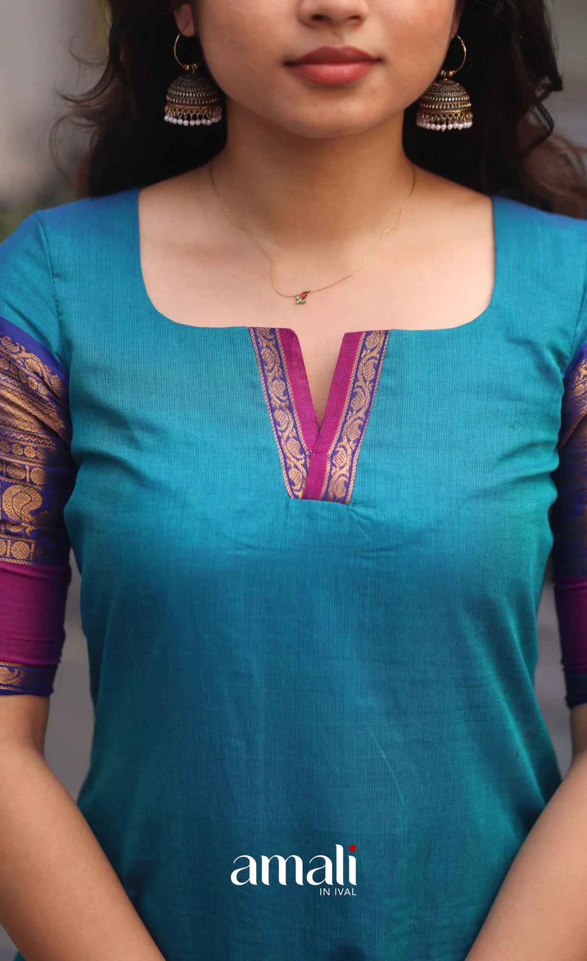 Teal Blue and Royal Blue Chettinad Cotton Salwar Set - salwar