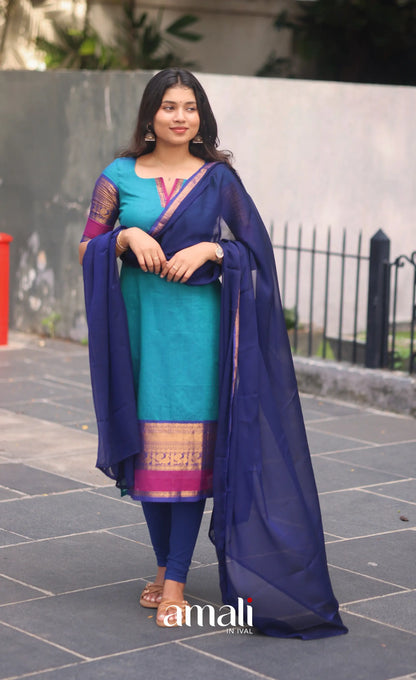 Teal Blue and Royal Blue Chettinad Cotton Salwar Set - salwar