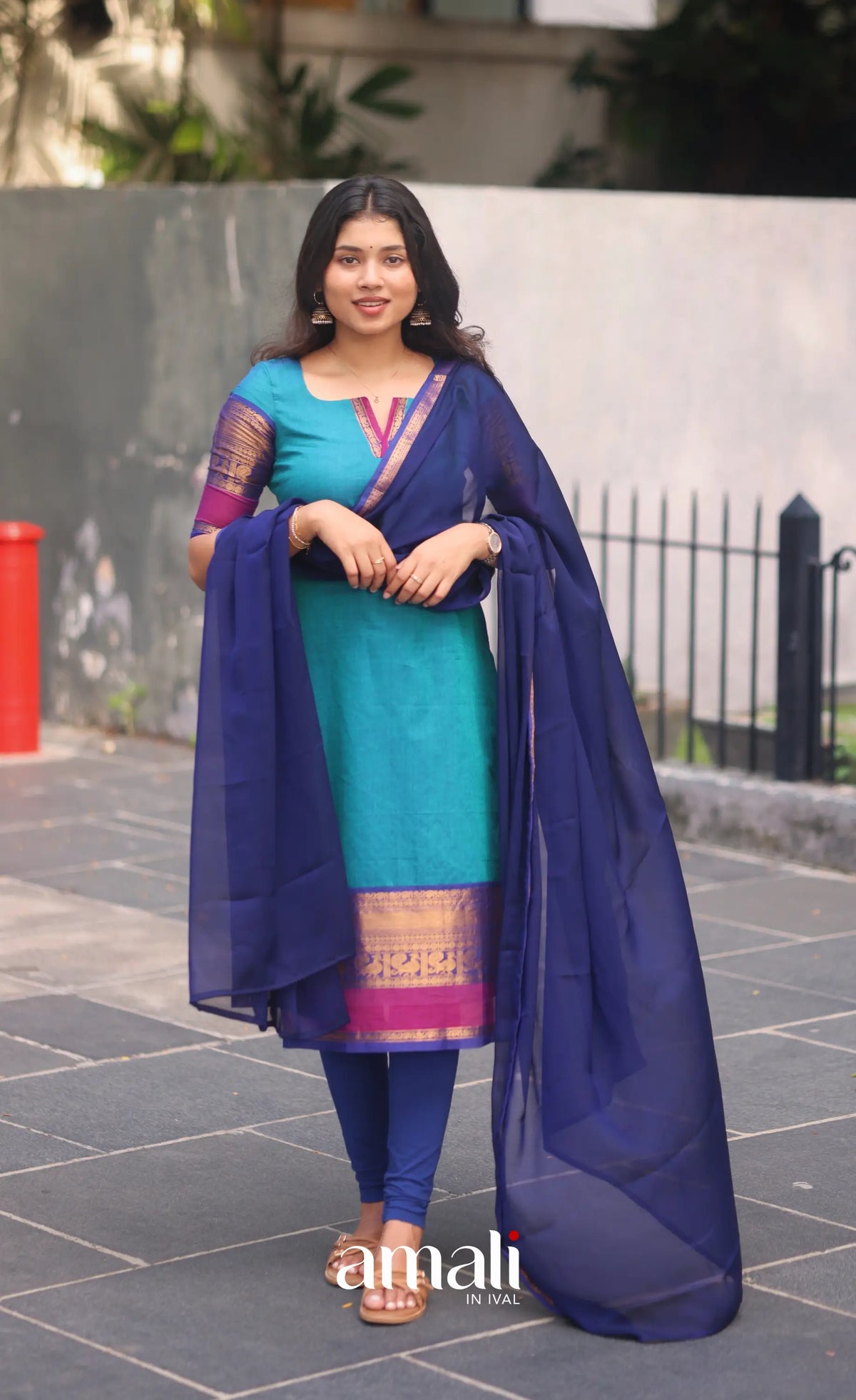 Teal Blue and Royal Blue Chettinad Cotton Salwar Set - salwar