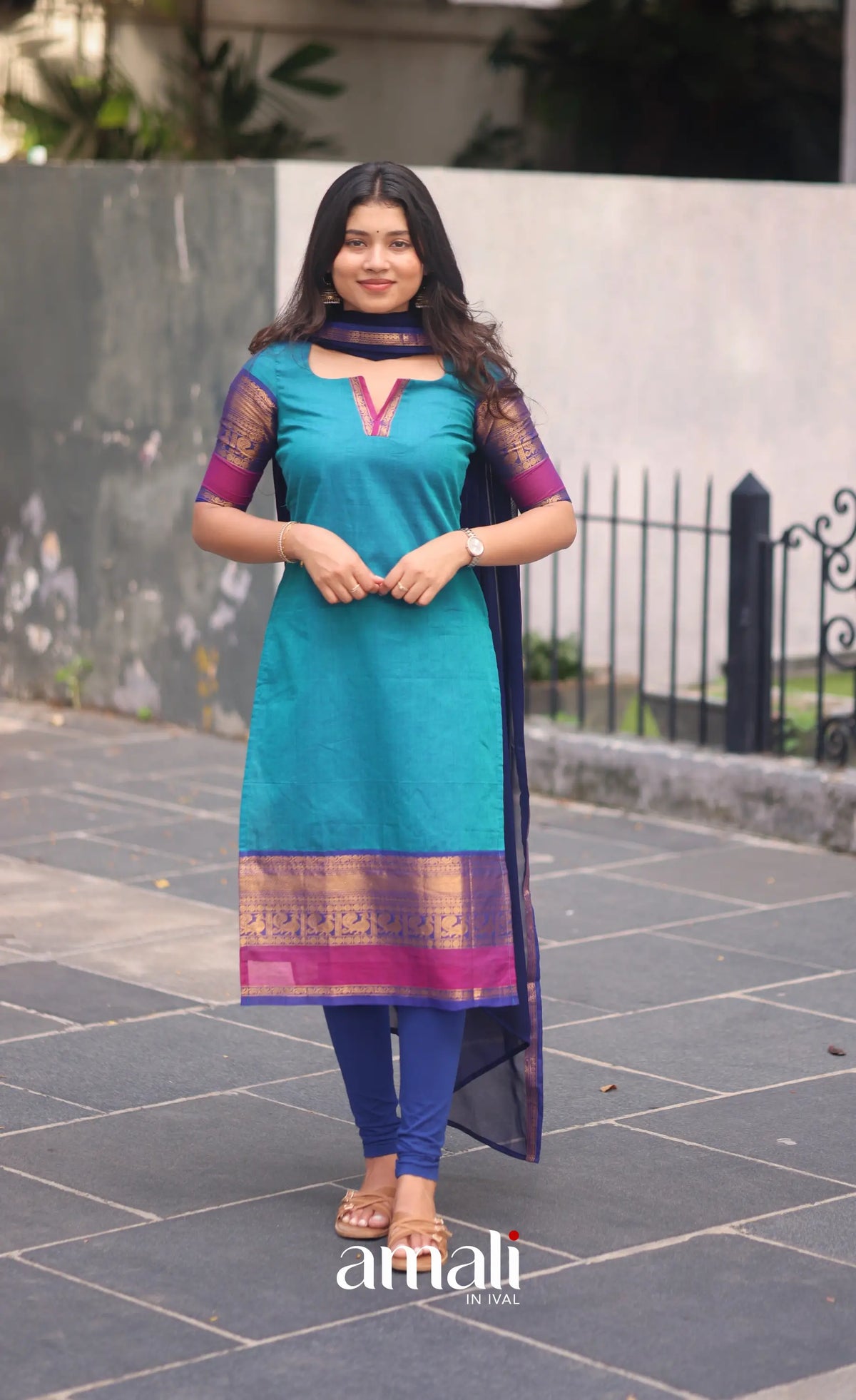 Teal Blue and Royal Blue Chettinad Cotton Salwar Set - salwar