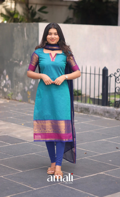 Teal Blue and Royal Blue Chettinad Cotton Salwar Set - salwar