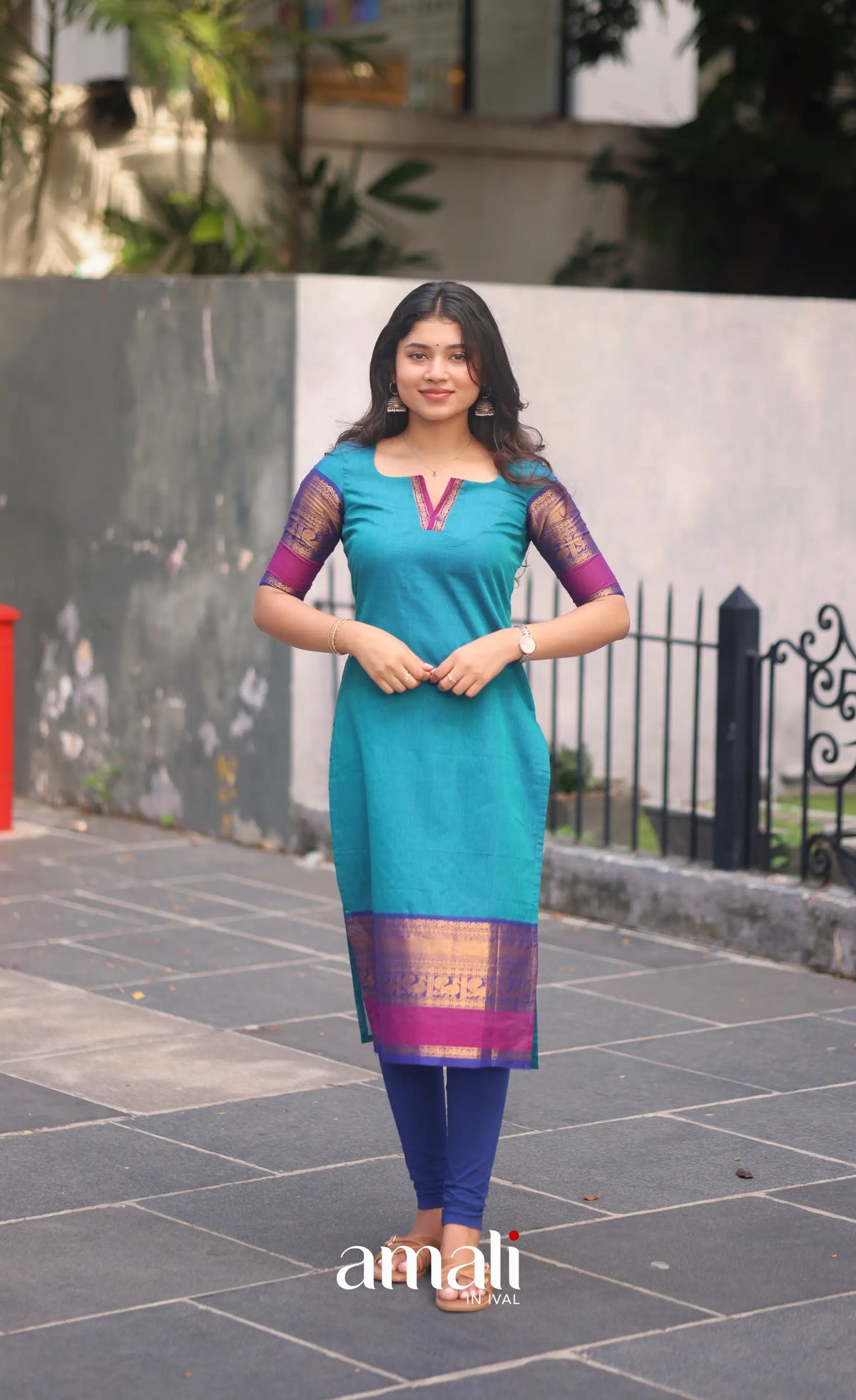 Teal Blue and Royal Blue Chettinad Cotton Salwar Set - salwar
