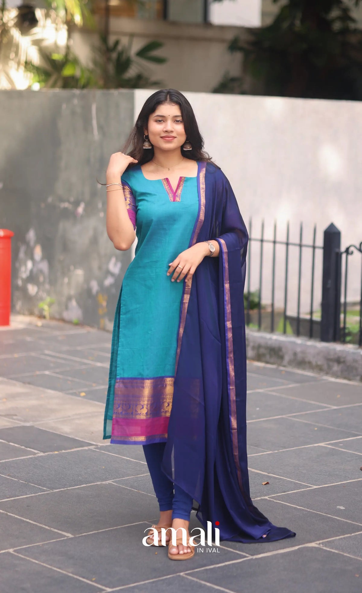 Teal Blue and Royal Blue Chettinad Cotton Salwar Set - salwar