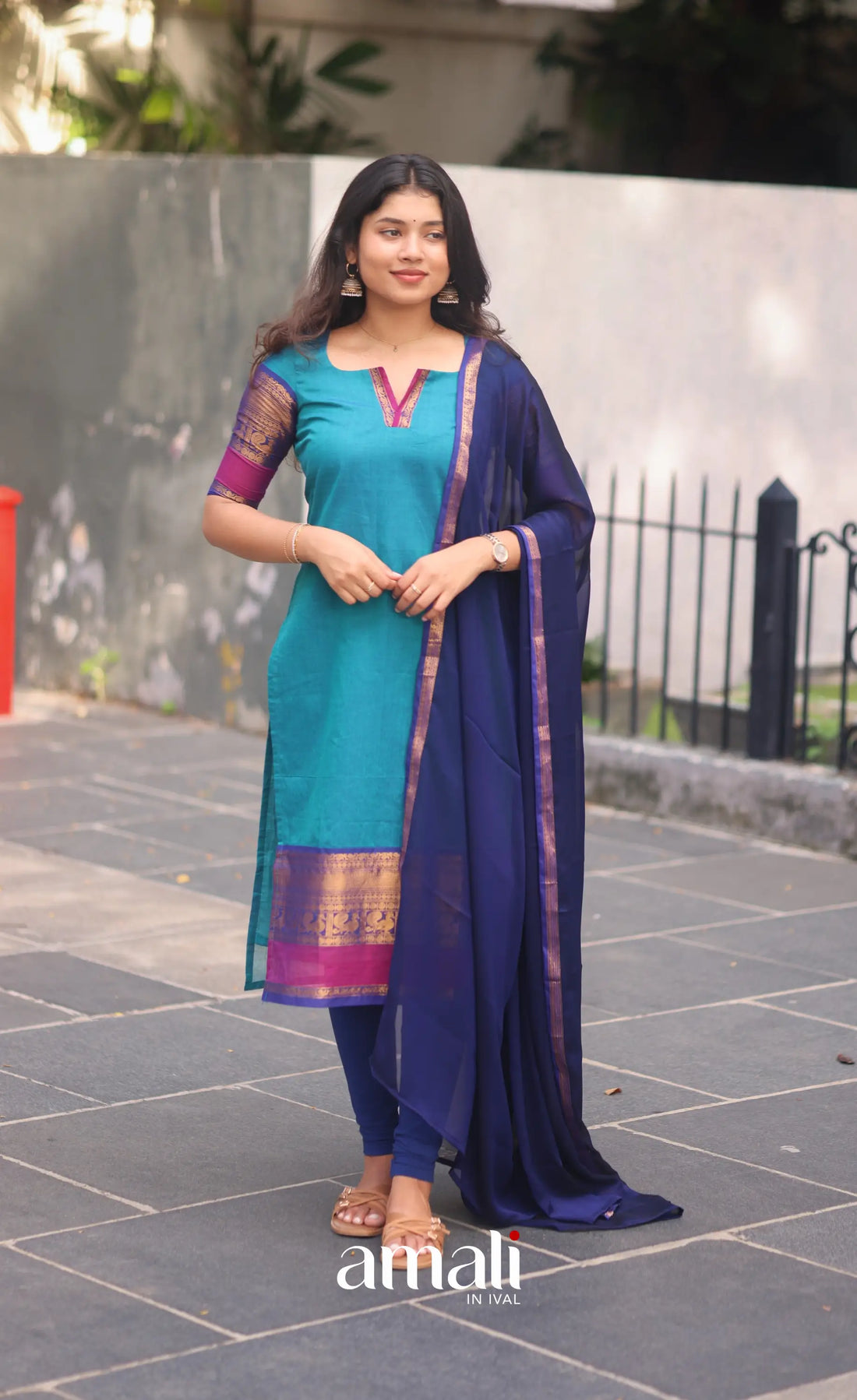Teal Blue and Royal Blue Chettinad Cotton Salwar Set - salwar
